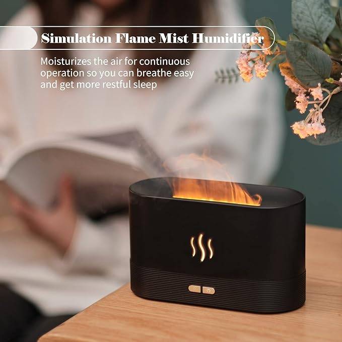 Simulation flame mist humidifier on a wooden table, enhancing air moisture for better sleep. Stylish home decor with cash on delivery available.