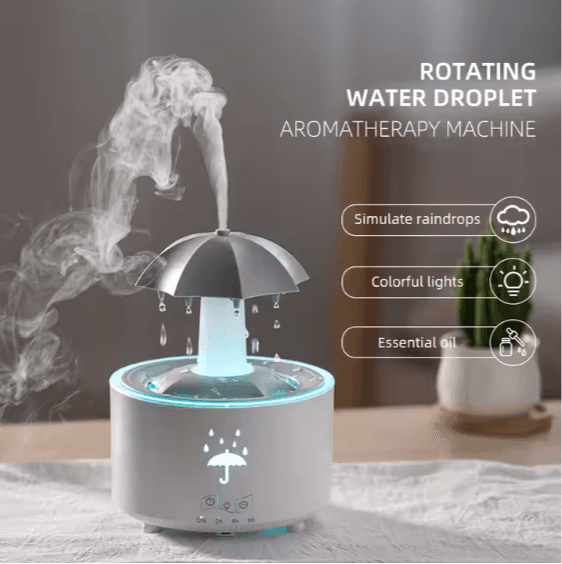 Water Drop Aroma Diffuser with umbrella design, simulating raindrops and emitting soothing mist. Features colorful lights and essential oil compatibility.