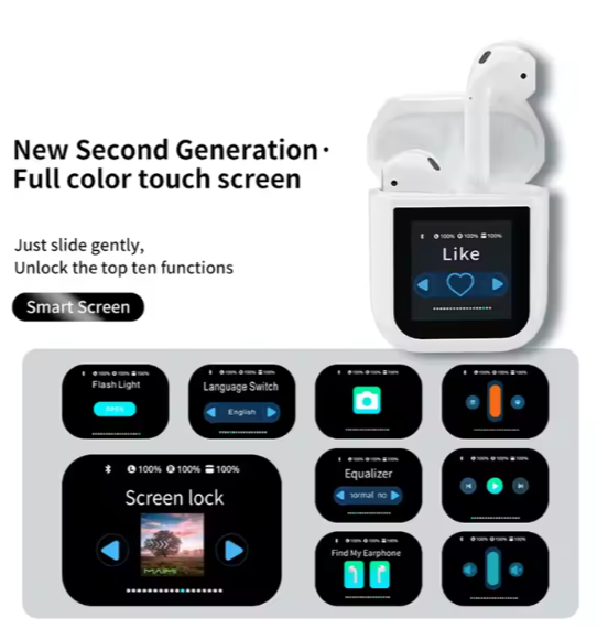 Next-generation Smart LED Display Earbuds with a full-color touch screen, offering multiple functions like equalizer and language switch.